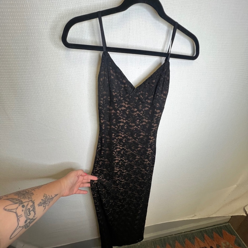 Tiger Mist Black Floral Lace V-Neck Maxi Dress Spaghetti Straps XS